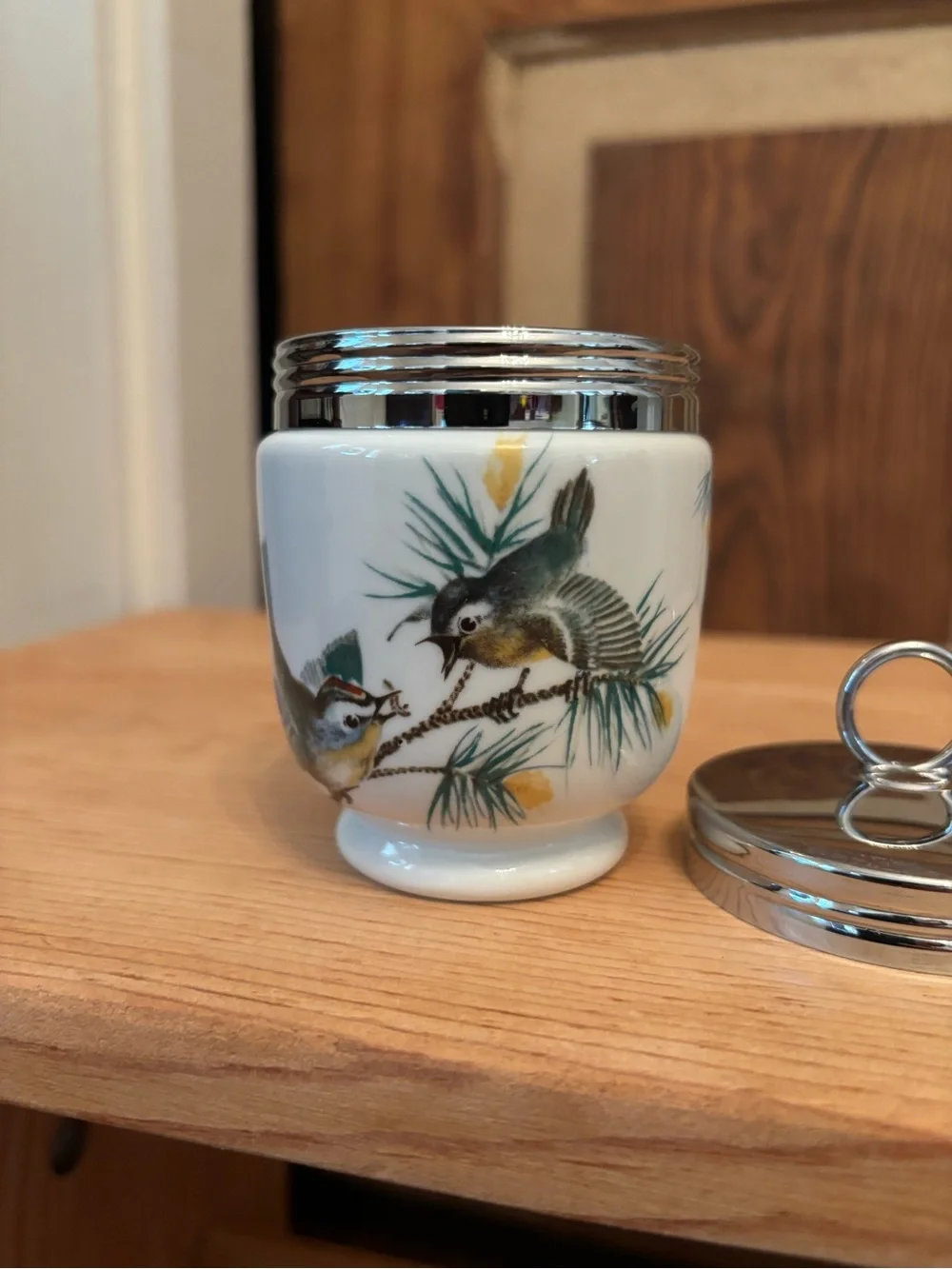 Royal Worcester Porcelain Egg Coddler Cup with Bird Illustration and Silver Lid
